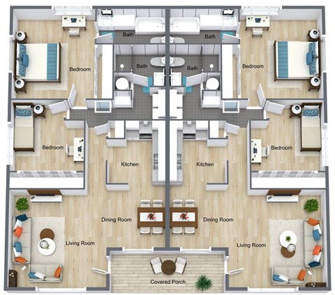 Floor plan for 2 beds, 2 baths, 1038 sqft
